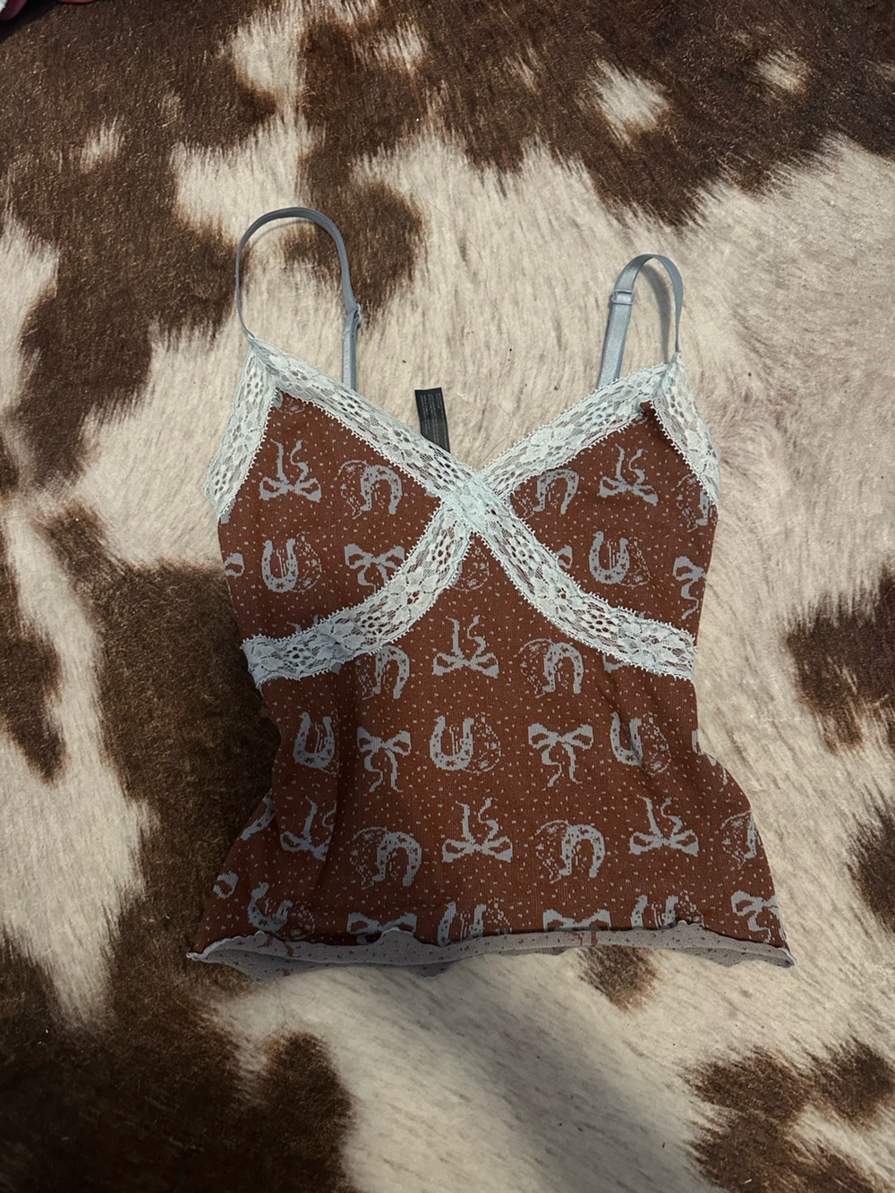 Urban Outfitters Rust Chemise with Ivory Lace & Bow Print